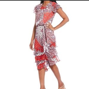Calvin Klein Red Paisley Ruffled Midi Dress with Tie Waist Size L